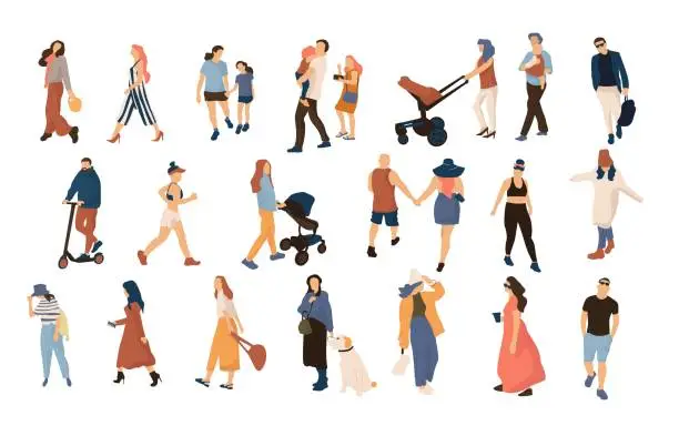 Vector illustration of Trendy people crowd. Modern cartoon persons and couples walking in crowd, summer outdoor collection. Vector men and women