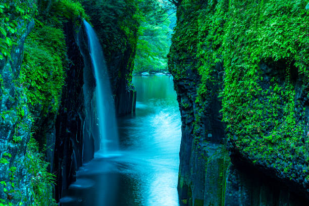 wasserfall im wald, takachiho, miyazaki - spring waterfall japan landscape stock-fotos und bilder