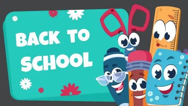 Vector illustration of School characters background. Educational poster with happy school stationery for kids. Vector funny banner with book and pencil