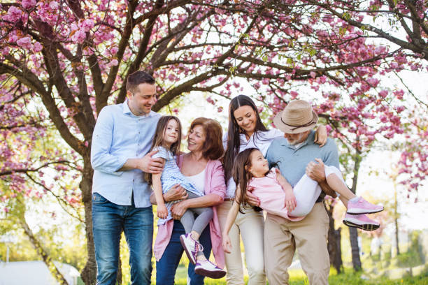 istock Three generation family standing outside in spring nature, looking at camera. 1182291024