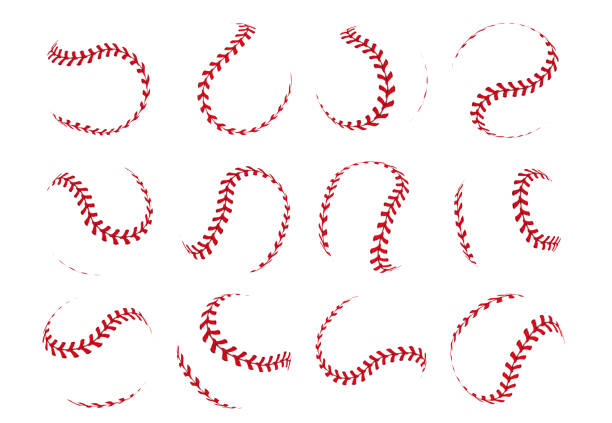 Baseball ball lace. Spherical softball realistic 3D red stroke lines for sport logos and banners. Vector isolated design elements Baseball ball lace. Spherical softball realistic 3D red stroke lines for sport logos and banners. Vector isolated design elements retro sports leather objects with red seam baseball threads stock illustrations