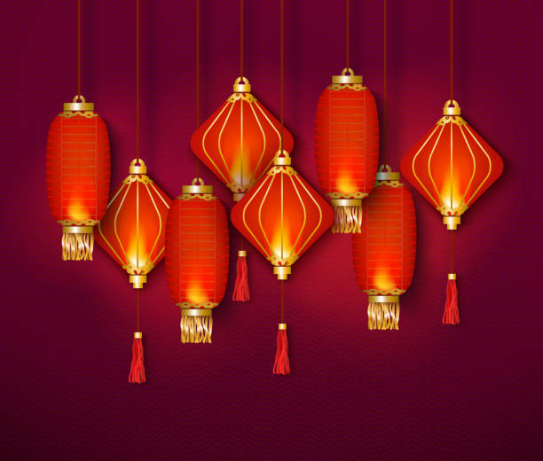 istock Oriental red lantern decoration from China, burning fire inside asian festival lamp 1182291508