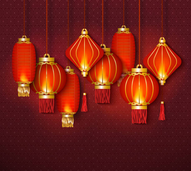 istock Red chinese traditional lanterns glowing in the night flat vector illustration on decorative background. 1182291517