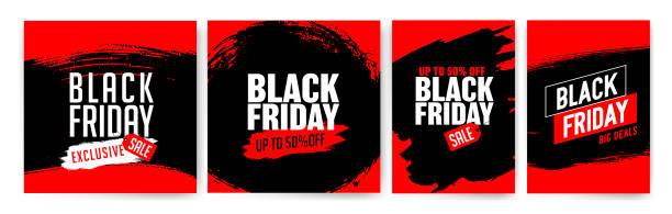 Banner templates for black friday. Promotion banner, offer, sale. Banner templates for black friday. Promotion banner, offer, sale. Templates for web banners, flyers, poster. Black, red and white color. Black Friday text. Texture, vector strokes. black friday shopping event illustrations stock illustrations