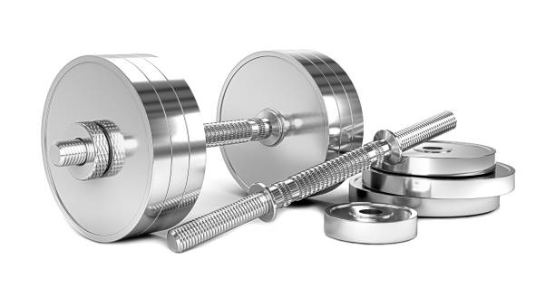 istock chrome dumbbell isolated on a white background. 3d render. 3d illustration 1182292384