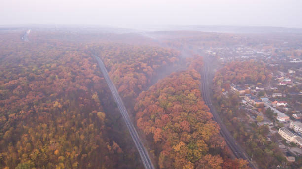 istock Autumn forest aerial view at sunset. 1182293285