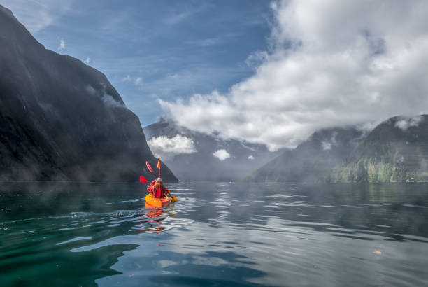 Two people kayaking in Milford Sound, New Zealand stock photo