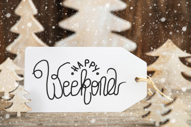 istock Christmas Tree, Label With English Text Happy Weekend, Snowflakes 1182299462