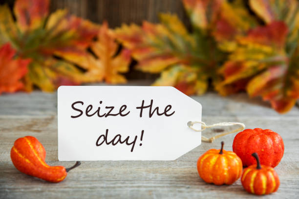 istock Label With Text Seize The Day, Pumpkin And Leaves 1182299575
