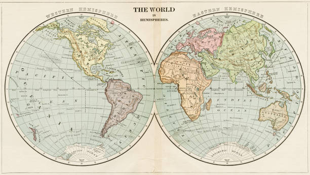 weltkarte in hemispheres 1899 - map world map globe old stock-grafiken, -clipart, -cartoons und -symbole