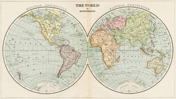 Map of the world in Hemispheres 1899 Maury’s Geographical Series Manual of Geography - New York 1899 eastern hemisphere stock illustrations