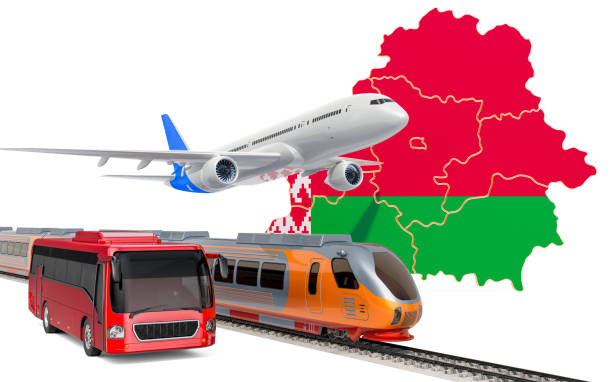 istock Passenger transportation in Belarus by buses, trains and airplanes, concept. 3D rendering isolated on white background 1182301391