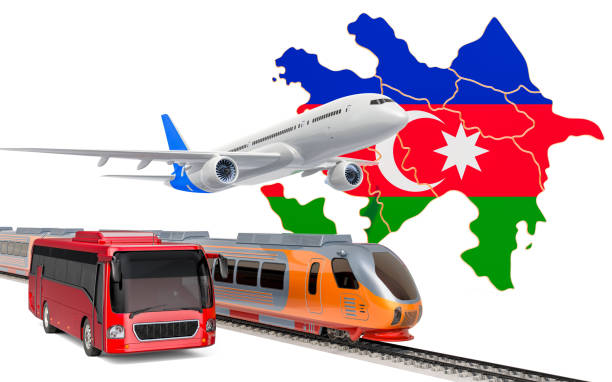 istock Passenger transportation in Azerbaijan by buses, trains and airplanes, concept. 3D rendering isolated on white background 1182301412