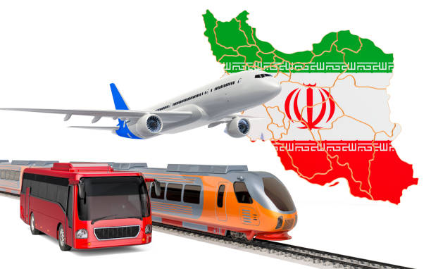 istock Passenger transportation in Iran by buses, trains and airplanes, concept. 3D rendering isolated on white background 1182301447