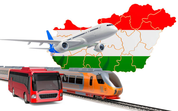 istock Passenger transportation in Hungary by buses, trains and airplanes, concept. 3D rendering isolated on white background 1182301498