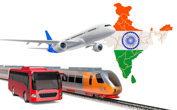 istock Passenger transportation in India by buses, trains and airplanes, concept. 3D rendering isolated on white background 1182301568