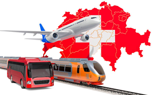 istock Passenger transportation in Switzerland by buses, trains and airplanes, concept. 3D rendering isolated on white background 1182302030