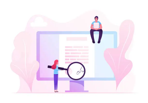 Vector illustration of Online Contract Signing Concept. Tiny Woman Reading Document with Digital Signature on Huge Pc Screen through Huge Magnifying Glass. Man with Laptop Sitting on Monitor Cartoon Flat Vector Illustration