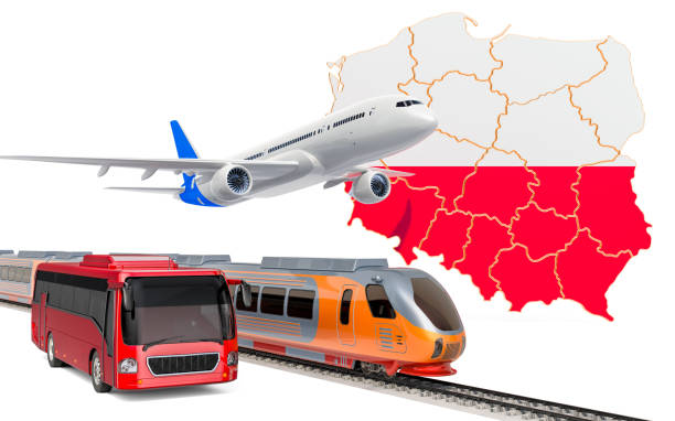 istock Passenger transportation in Poland by buses, trains and airplanes, concept. 3D rendering isolated on white background 1182302824
