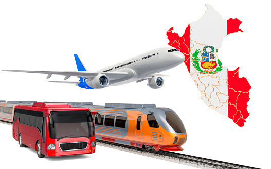 Passenger transportation in Peru by buses, trains and airplanes, concept. 3D rendering isolated on white background