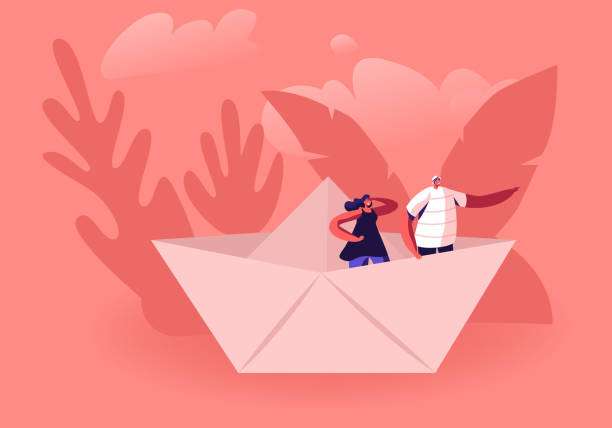 istock Young Happy Couple Stand in Paper Ship, Woman Looking Forward Man Pointing Way with Hand. Tiny Male and Female Characters in Origami Boat. Business or Hobby Concept. Cartoon Flat Vector Illustration 1182303027