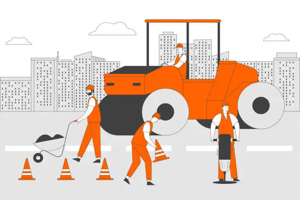 Vector illustration of Roadwork and Asphalt Paving. Men in Overall with Heavy Asphalting Machinery. Special Transport, Pavement Compactor. Construction Industry, Building Business Cartoon Flat Vector Illustration, Line Art