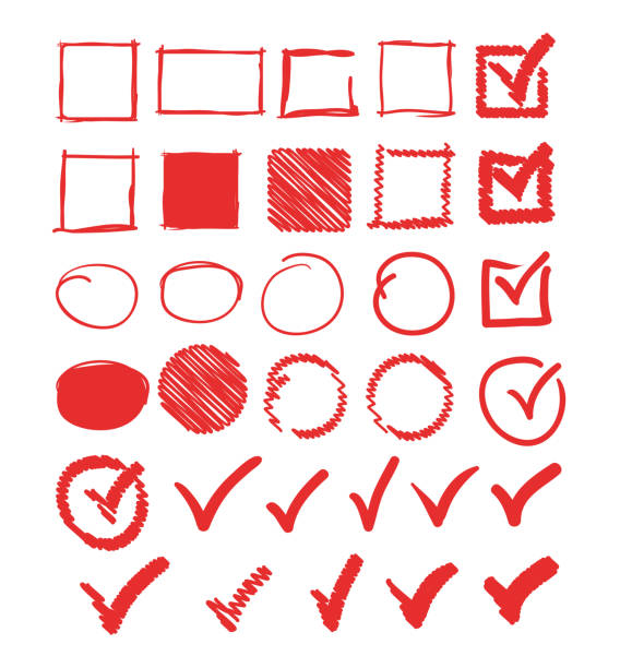 illustrations, cliparts, dessins animés et icônes de doodle check marks circle square frame set collection. illustration plate de conception graphique de vecteur - office supply pen pencil writing instrument