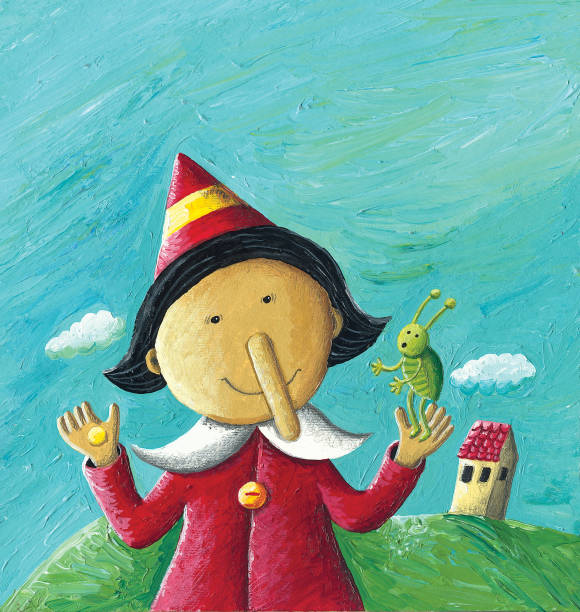 ilustrações de stock, clip art, desenhos animados e ícones de acrylic illustration of pinocchio with cricket and gold coin in hands - pinocchio fairy tale puppet picture book