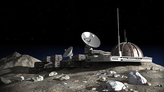 3D Illustration of a lunar base with a dome structure, research modules, observation pods and communication satellite dishes for space exploration and science fiction backgrounds