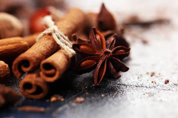 cinnamon, staranise and cloves. winter spices on table