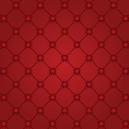 Vector illustration of red capitone textile background, retro Chesterfield style checkered soft tufted fabric furniture diamond pattern decoration with buttons, close up