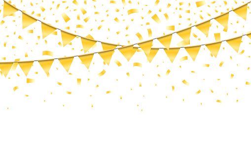 Realistic bright festive elegant template with golden garlands flags and falling confetti pieces on white background. Vector illustration