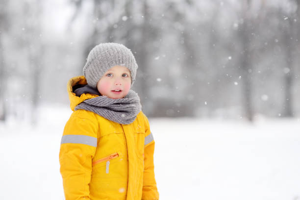istock Cute little boy having fun playing during walking in the snowy park . 1182312670