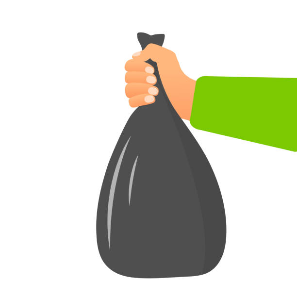 Male hand holding garbage bag concept Male hand holding garbage bag concept in flat style on white background. Vector illustration bin bag stock illustrations