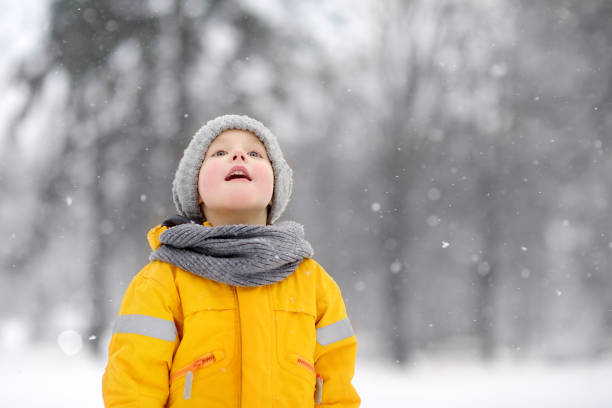 istock Surprised little boy in yellow winter clothes walks during a snowfall. 1182313764
