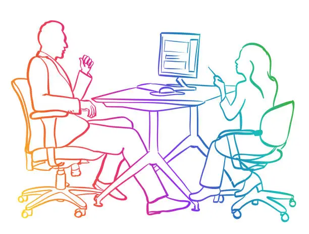 Vector illustration of Business Man And Woman At Office Desk Rainbow