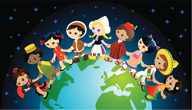 Traditional kids holding hands around world vector art illustration