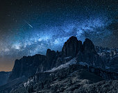 Milky way over passo gardena at night, Dolomites