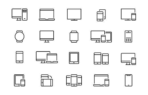 set of devices icons collection of linear simple web icons such as laptops, phones, gadgets, watches and tablets.Editable vector stroke. 96x96 Pixel Perfect.