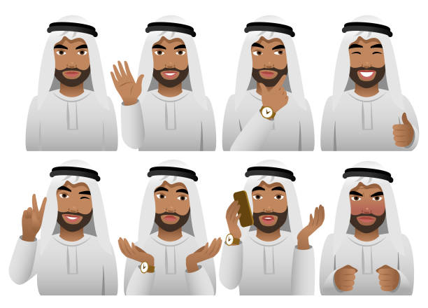 Emotions Faces of a young man in traditional arabian clothing with different emotions isolated on a white background. kaffiyeh stock illustrations