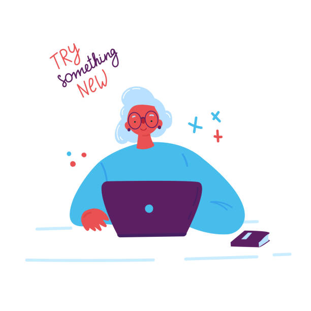ilustrações de stock, clip art, desenhos animados e ícones de older woman studying with a laptop.vector - woman with glasses reading a book