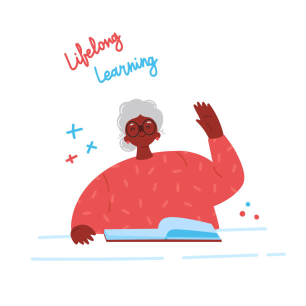ilustrações de stock, clip art, desenhos animados e  ícones de older woman studying with a book.vector - woman with glasses reading a book