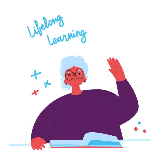 ilustrações de stock, clip art, desenhos animados e ícones de older woman studying with a book.vector - woman with glasses reading a book