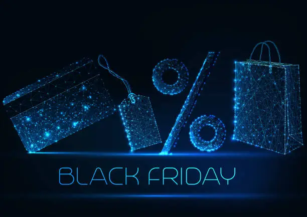 Vector illustration of Black Friday sale concept with glowing low poly shopping bag, price tag, percentage and credit card