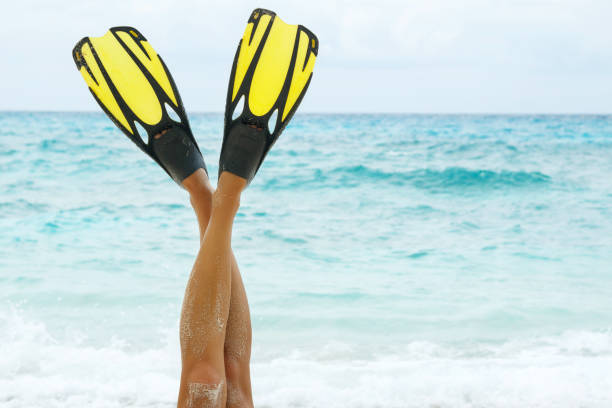 istock Female legs in flippers 1182321776
