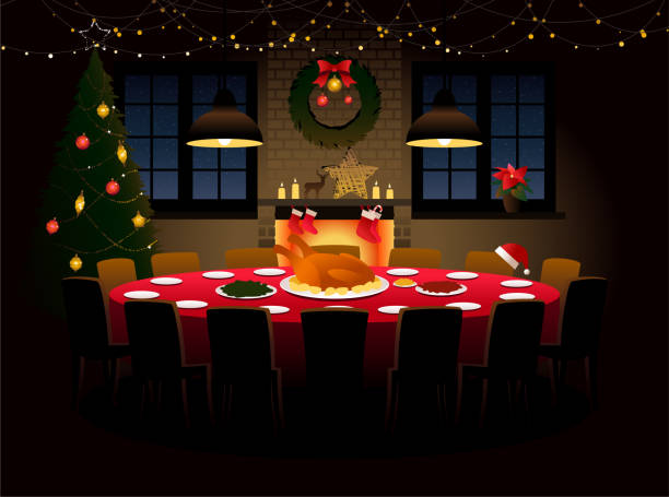 Round table with Christmas dinner Home interior with a round table and Christmas decorations, no people around. poinsettia christmas candle flower stock illustrations