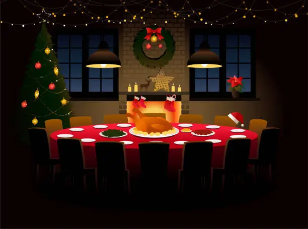 Vector illustration of Round table with Christmas dinner