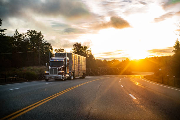 Long Haul Semi Truck on a Rural Canadian Highway stock photo