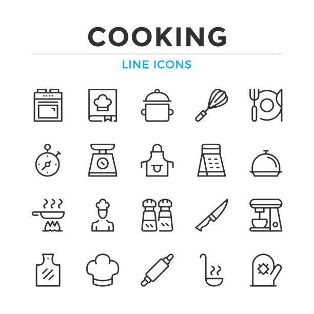 요리 선 아이콘 세트입니다. 현대 개요 요소, 그래픽 디자인 개념. 스트로크, 선형 스타일. 간단한 기호 컬렉션입니다. 벡터 선 아이콘 - baking computer icon symbol cooking stock illustrations