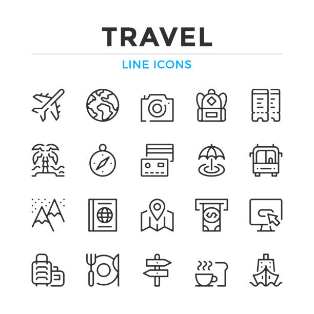 トラベルラインアイコンが設定されています。現代のアウトライン要素、グラフィックデザインの概念。ストローク、線形スタイル。単純なシンボル コレクション。ベクトル線アイコン - travel passport suitcase journey点のイラスト素材／クリップアート素材／マンガ素材／アイコン素材